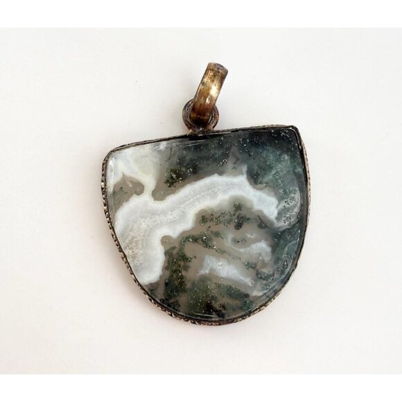 Moss Agate Geometric Gold Tint Gemstone Sterling Silver 925 Vintage Pendant - Picture 1 of 10